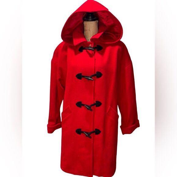 Mackintosh Red Wool Blend Hooded Duffle Coat Black Toggle Fasteners size 12P - Picture 1 of 12